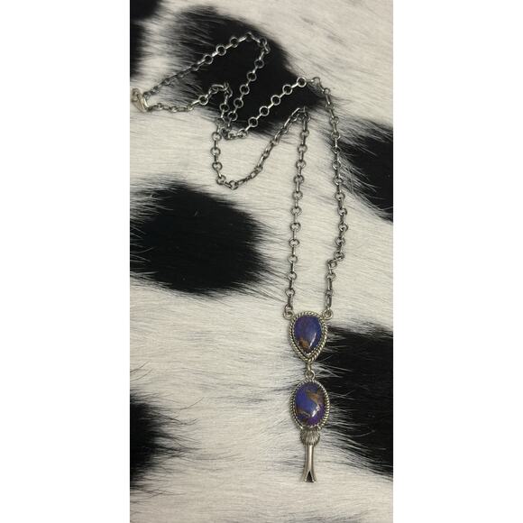 Native American Sterling Silver Purple Mojave 2 Stone Lariat Dangle Necklace - Picture 2 of 11